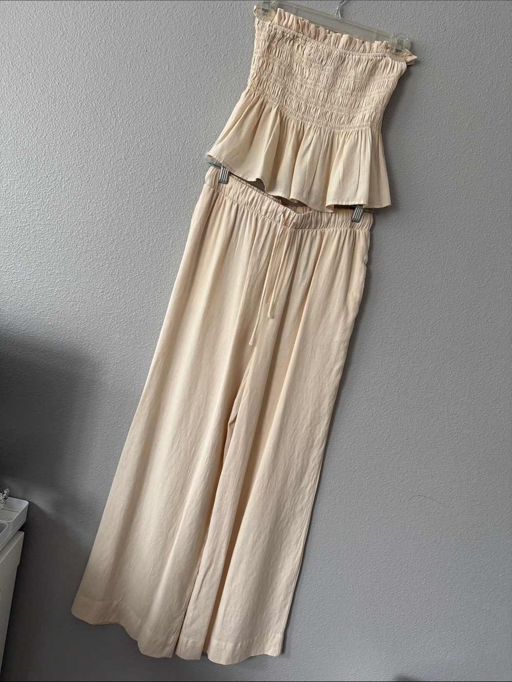 Cream Wide-Leg Smocked Tube Top Jumpsuit Set